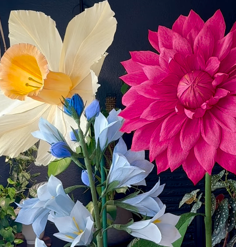 Paper blooms daffodil, dahlia, blue flowers